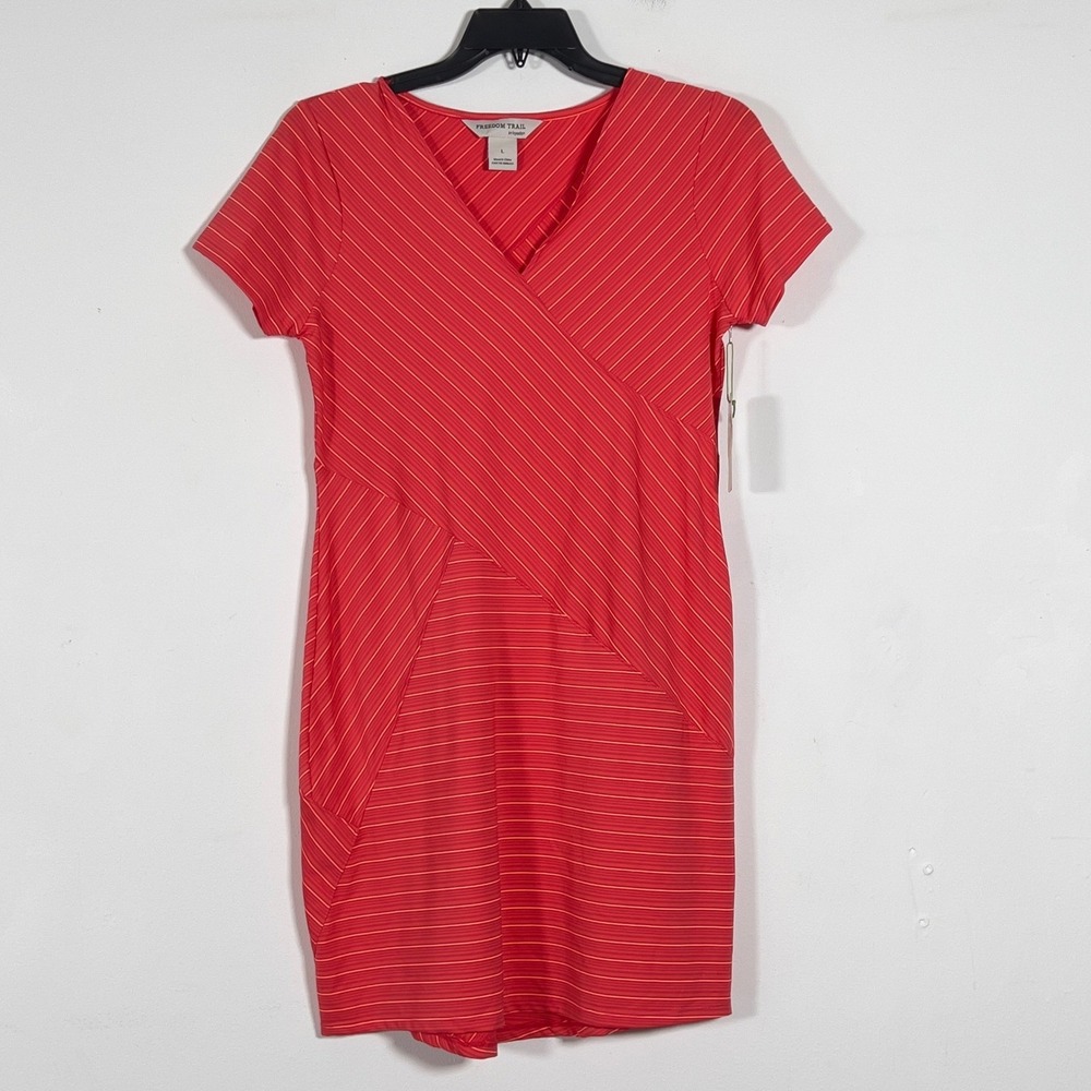 Freedom Trail V-Neck Short Sleeve Dress Women L Red Striped Activewear Athletic - Picture 1 of 11